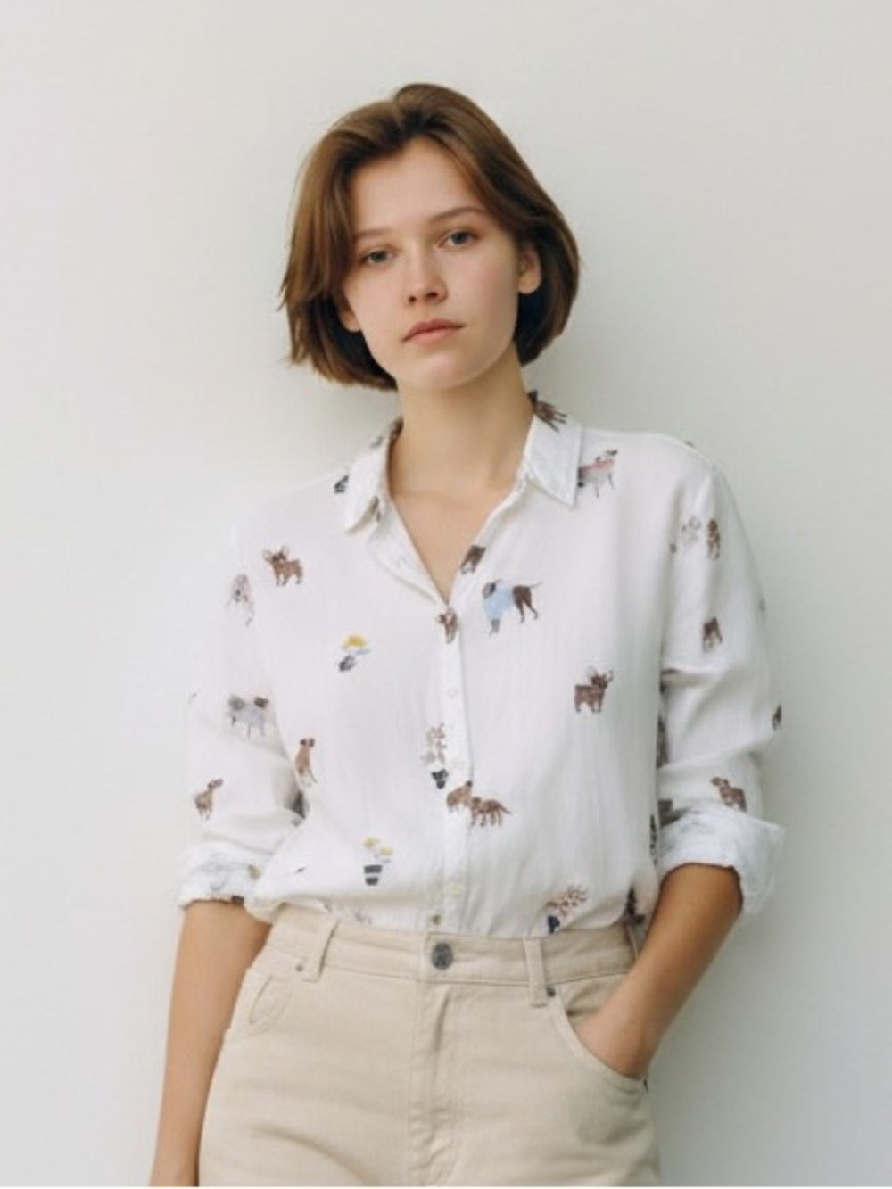 Joules White Button-Down Shirt with Dog Print